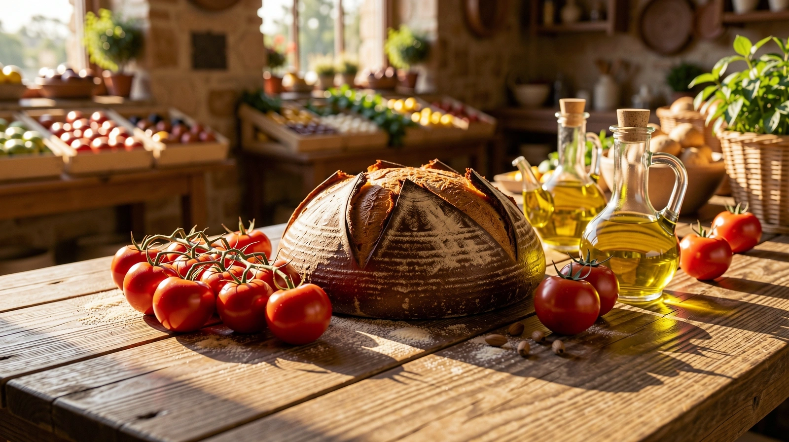 Mesa de mercado con ingredientes frescos mediterráneos